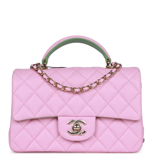 Chanel Mini Rectangular Flap with Top Handle Pink and Green Lambskin Light Gold Hardware Crossbody