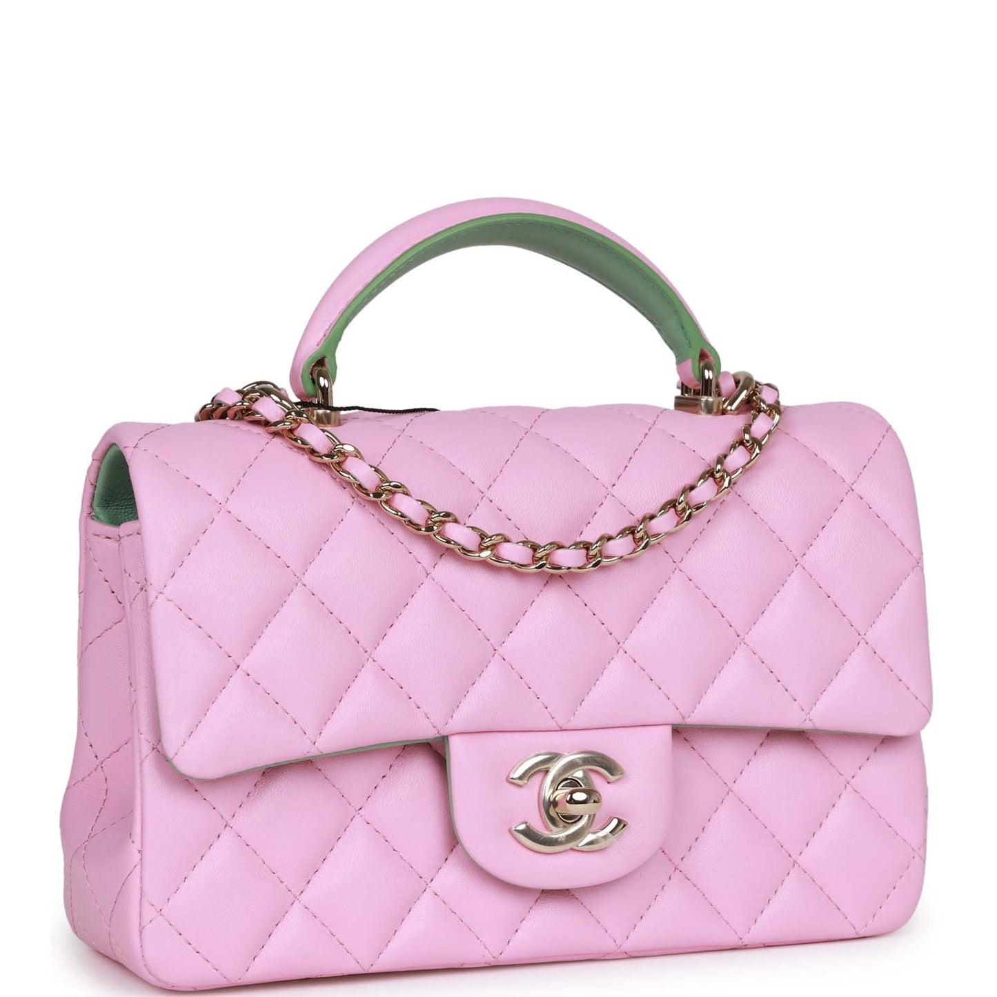 Chanel Mini Rectangular Flap with Top Handle Pink and Green Lambskin Light Gold Hardware Crossbody