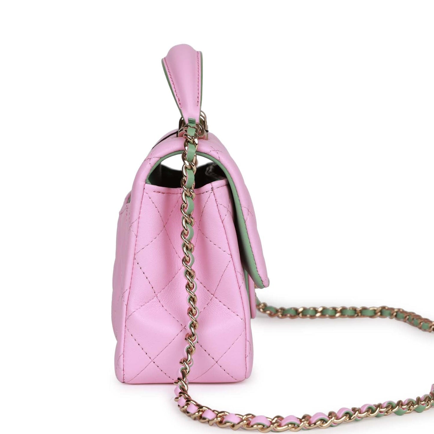Chanel Mini Rectangular Flap with Top Handle Pink and Green Lambskin Light Gold Hardware Crossbody