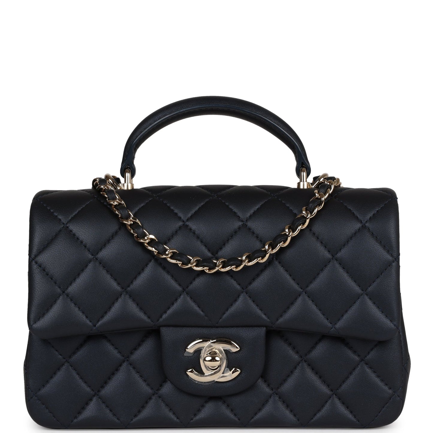 Chanel Mini Rectangular Flap Bag with Top Handle Dark Blue Lambskin Light Gold Hardware