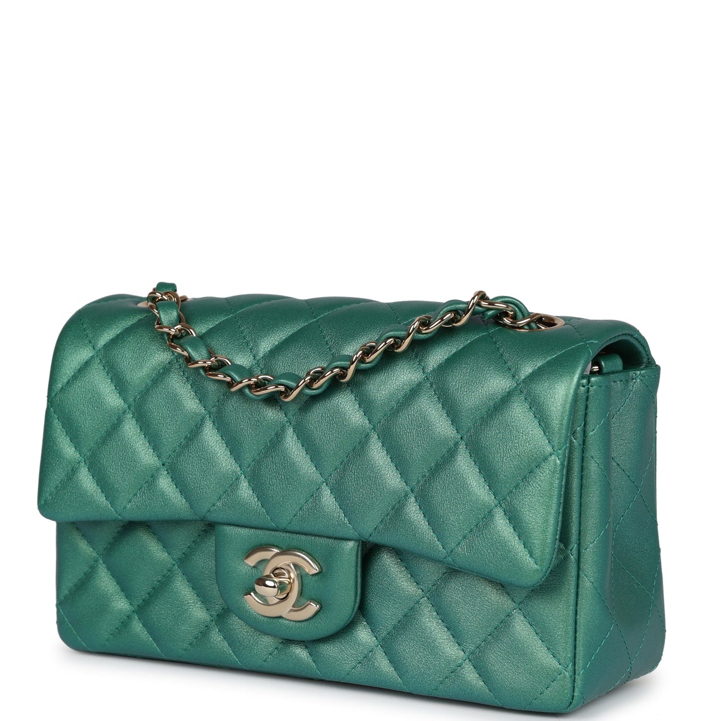 Chanel Mini Classic Rectangular Flap Iridescent Green Lambskin Light Gold Hardware
