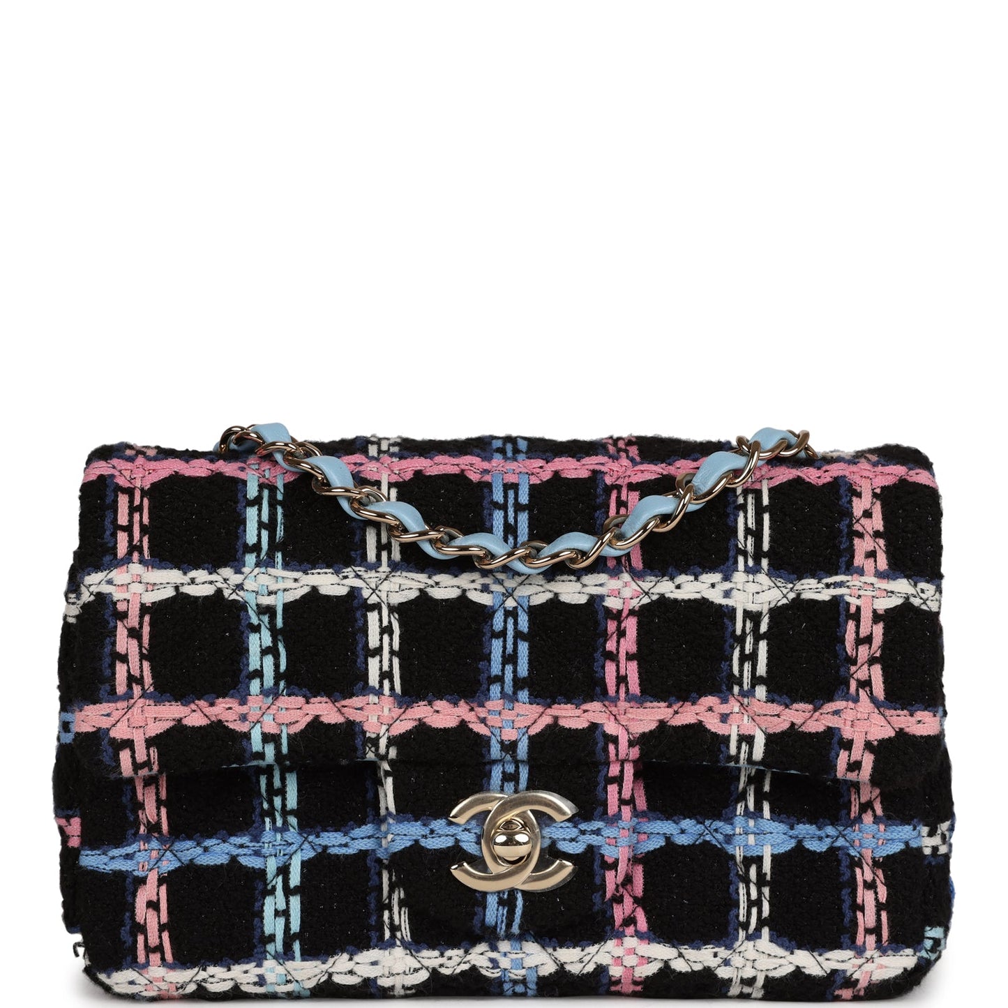 Chanel Mini Rectangular Flap Bag Black Multicolor Tweed Light Gold Hardware