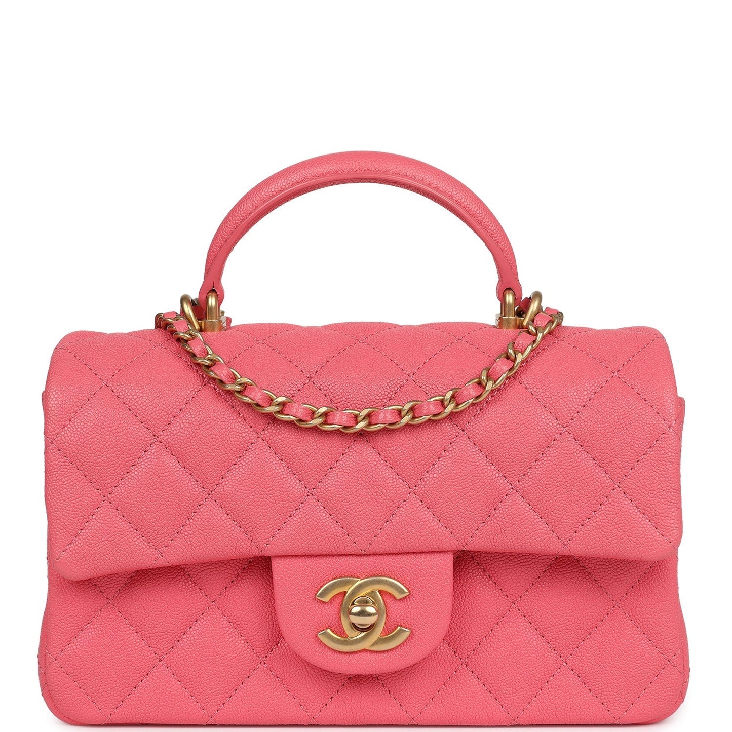 Chanel Mini Rectangular Flap with Top Handle Pink Caviar Antique Gold Hardware