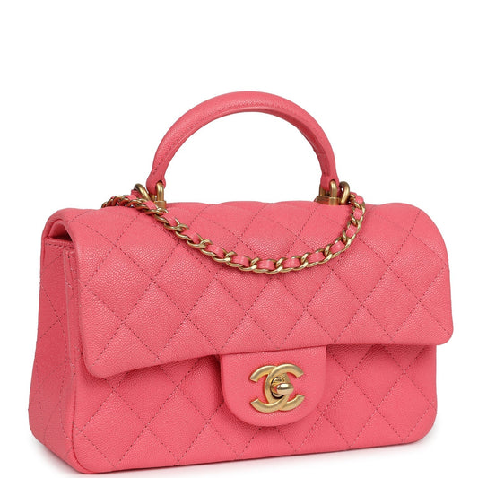 Chanel Mini Rectangular Flap with Top Handle Pink Caviar Antique Gold Hardware