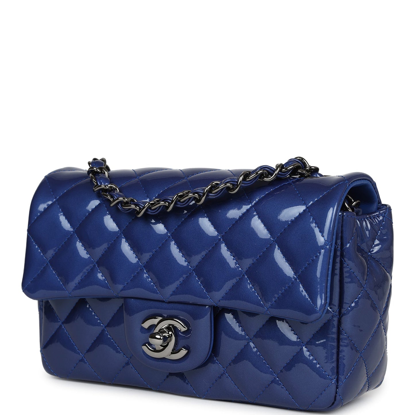 Chanel Mini Rectangular Flap Bag Blue Patent Ruthenium Hardware