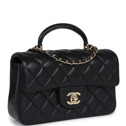 Chanel Mini Rectangular Flap with Top Handle Black Lambskin Light Gold Hardware