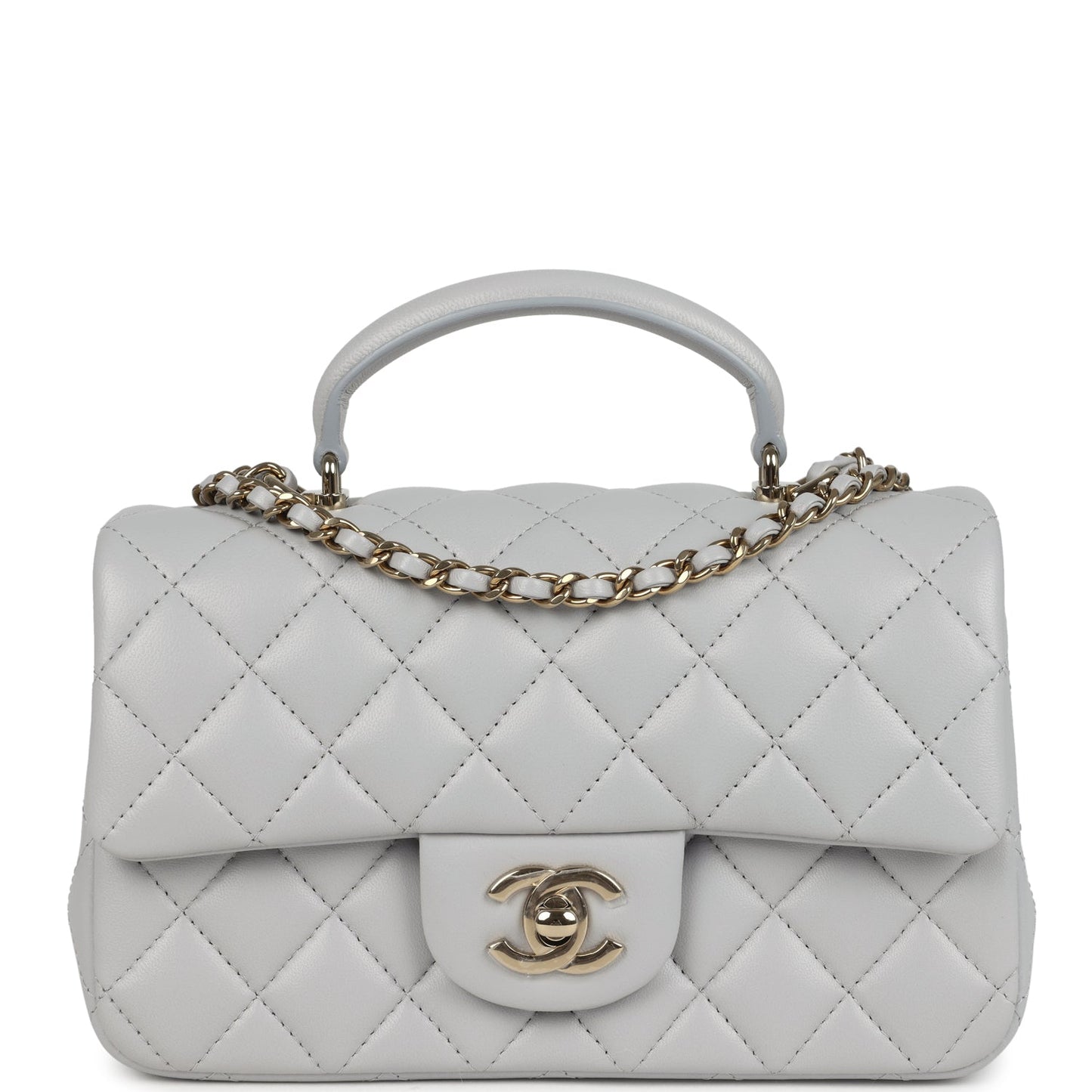 Chanel Mini Rectangular Flap Bag with Top Handle Light Grey Lambskin Light Gold Hardware