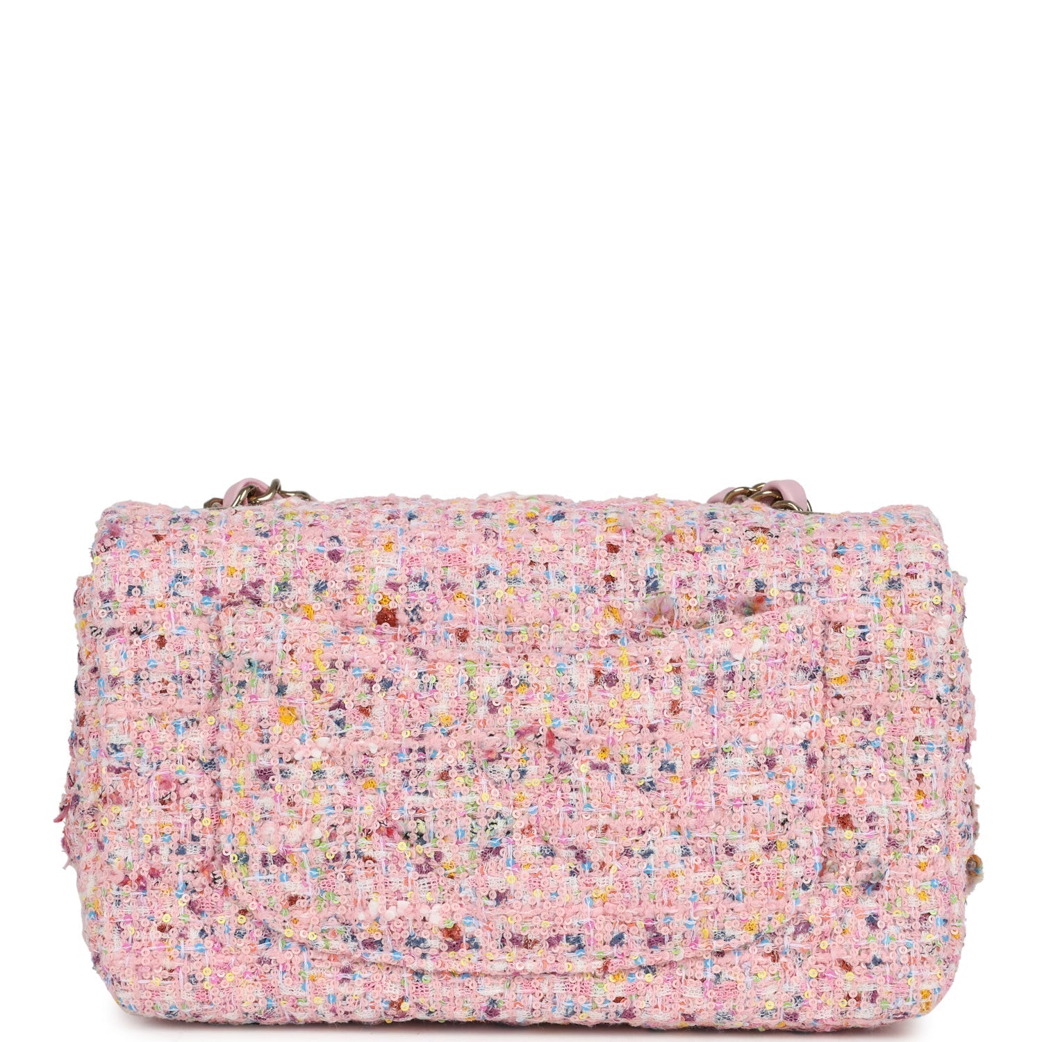 Chanel Mini Classic Rectangular Flap Bag Pink Tweed and Sequin Light Gold Hardware
