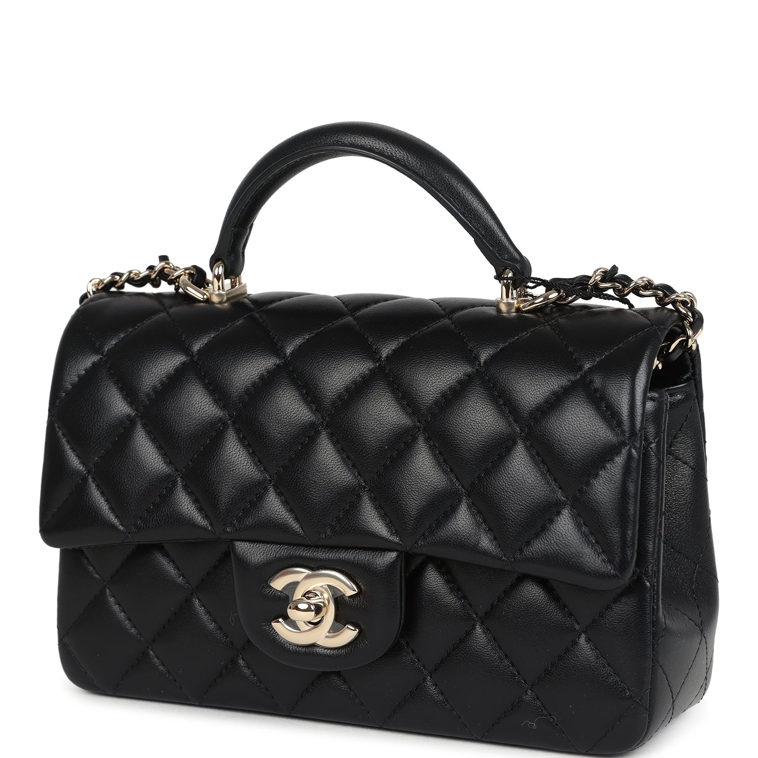 Chanel Mini Rectangular Top Handle Flap Bag Black Lambskin Light Gold Hardware