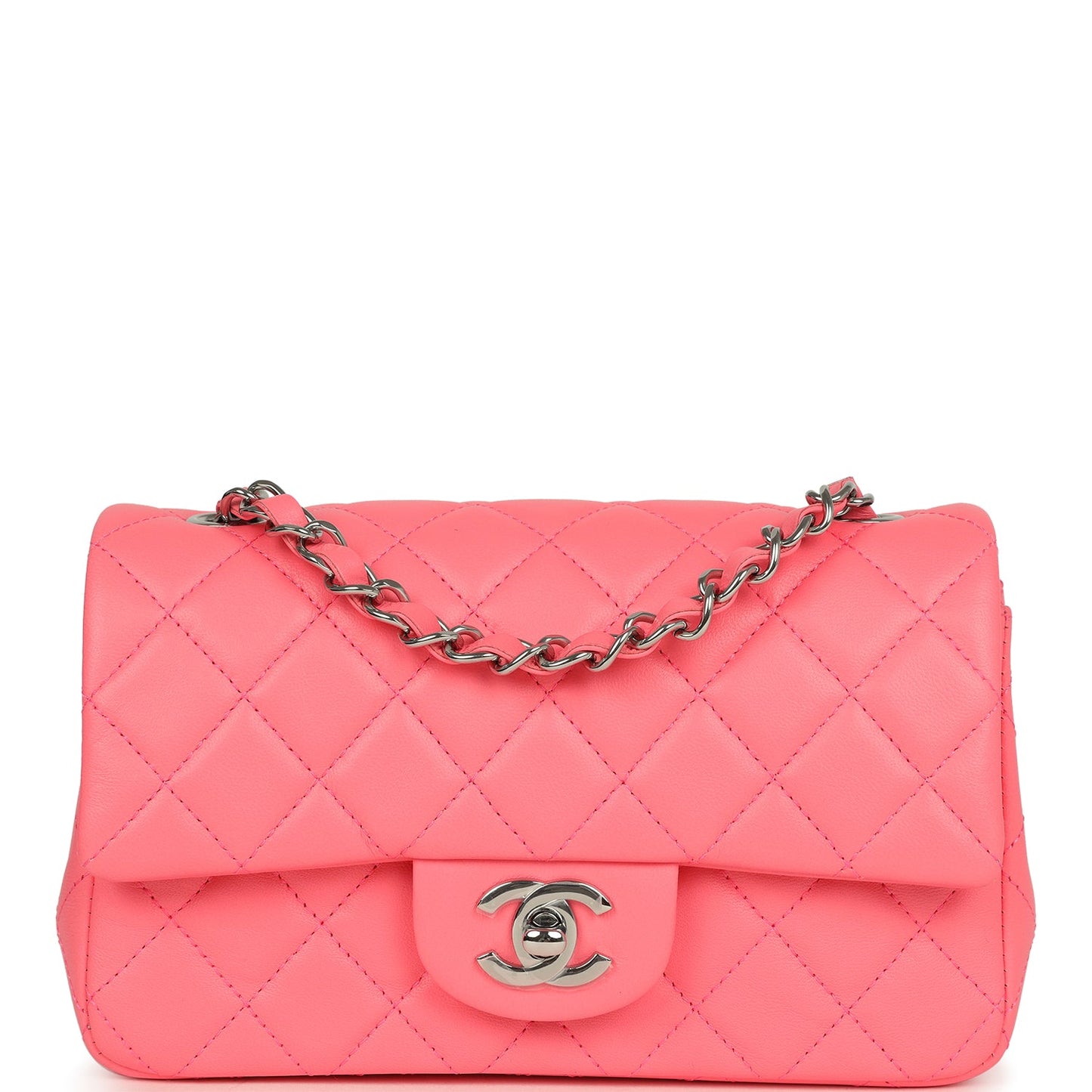 Chanel Mini Rectangular Flap Bag Pink Lambskin Silver Hardware Classic Flap