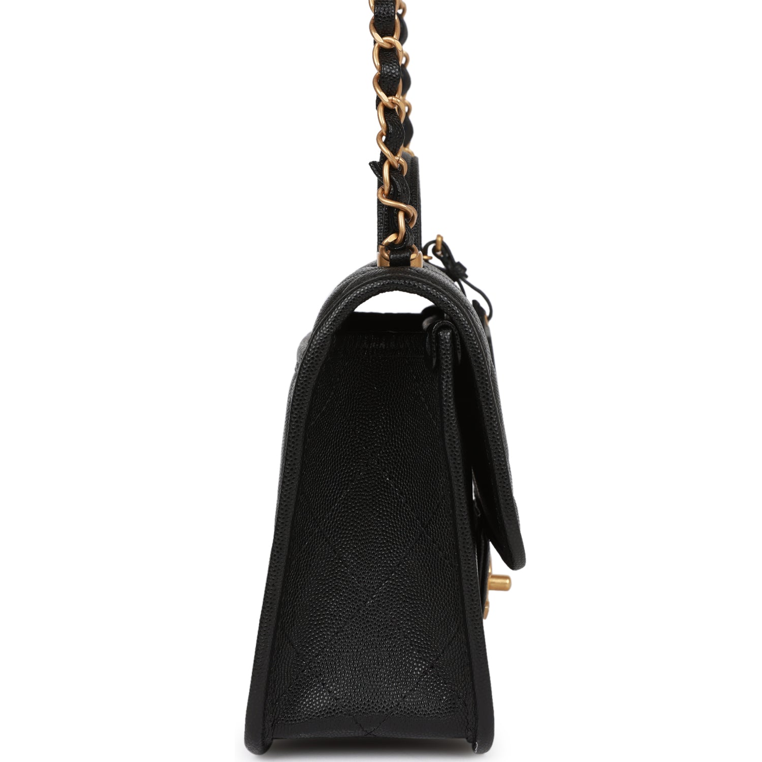 Chanel School Memory Top Handle Flap Bag Black Caviar Antique Gold Hardware
