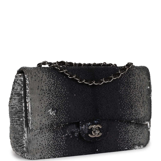 Chanel Small Classic Flap Bag Black and Silver Sequins Silver Hardware