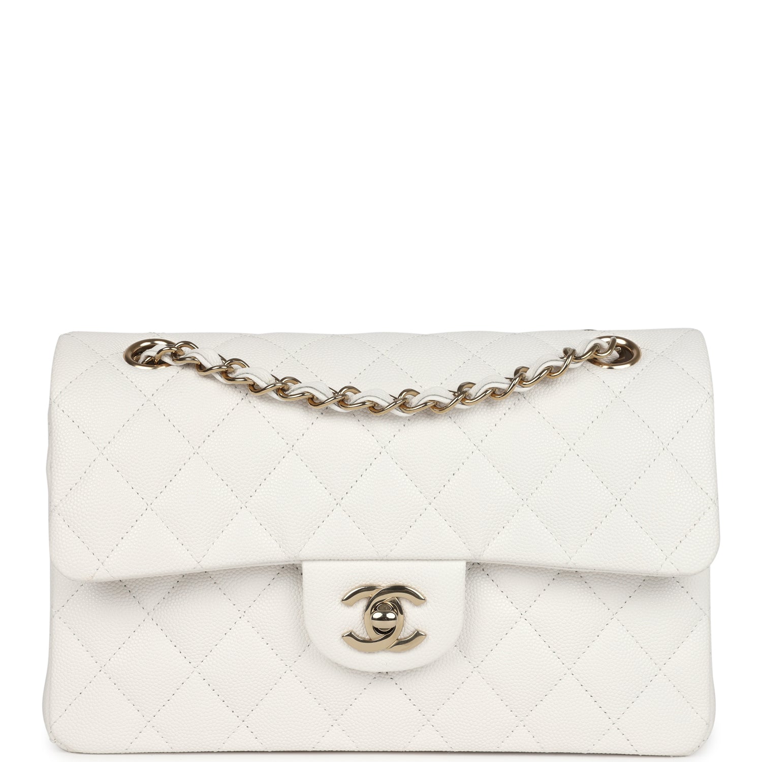 Chanel Small Classic Double Flap White Caviar Light Gold Hardware Shoulder Bag
