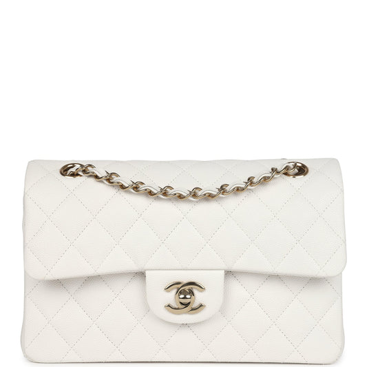 Chanel Small Classic Double Flap White Caviar Light Gold Hardware Shoulder Bag