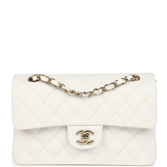 Chanel Small Classic Double Flap White Caviar Light Gold Hardware Shoulder Bag