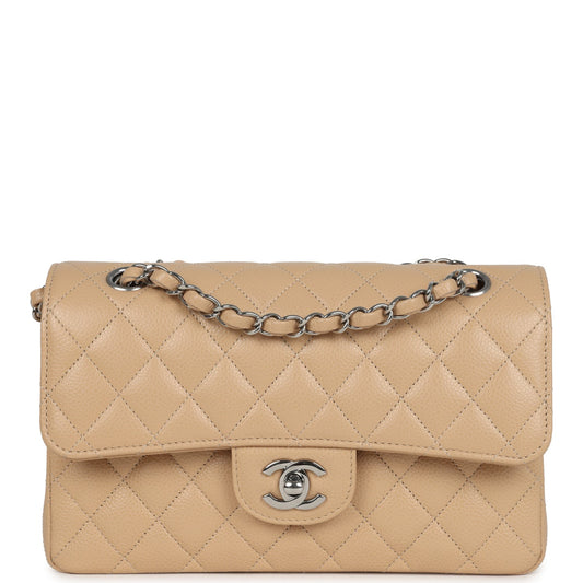 Chanel Small Classic Double Flap Bag Beige Caviar Silver Hardware Classic Flap