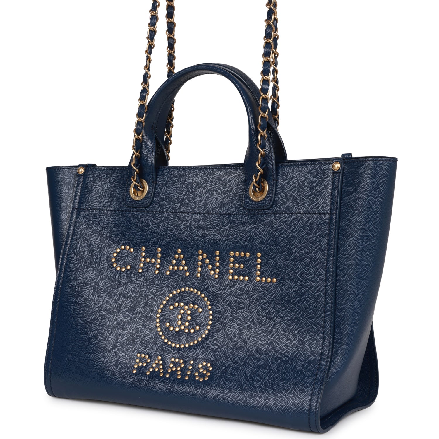 Chanel Small Deauville Shopping Bag Blue Caviar Antique Gold Hardware