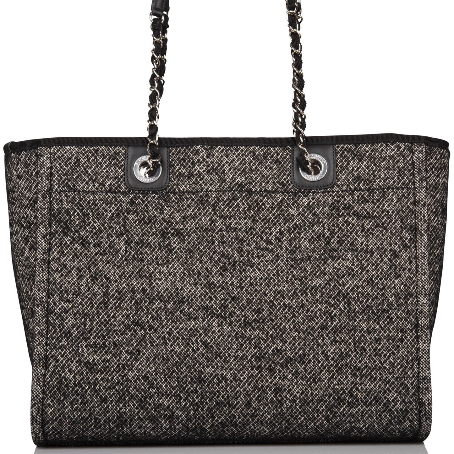 Chanel Small Deauville Shopping Bag Black Wool Silver Hardware