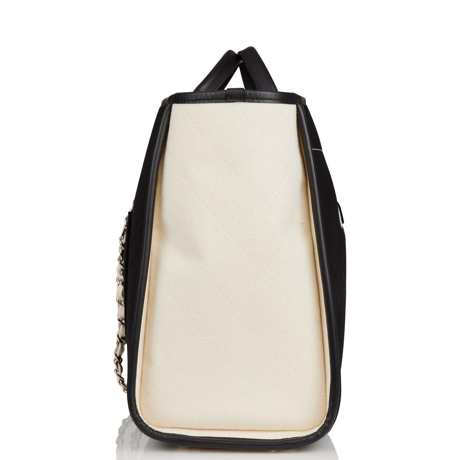 Chanel Large Deauville Shopping Bag Black and White Wool Silver Hardware