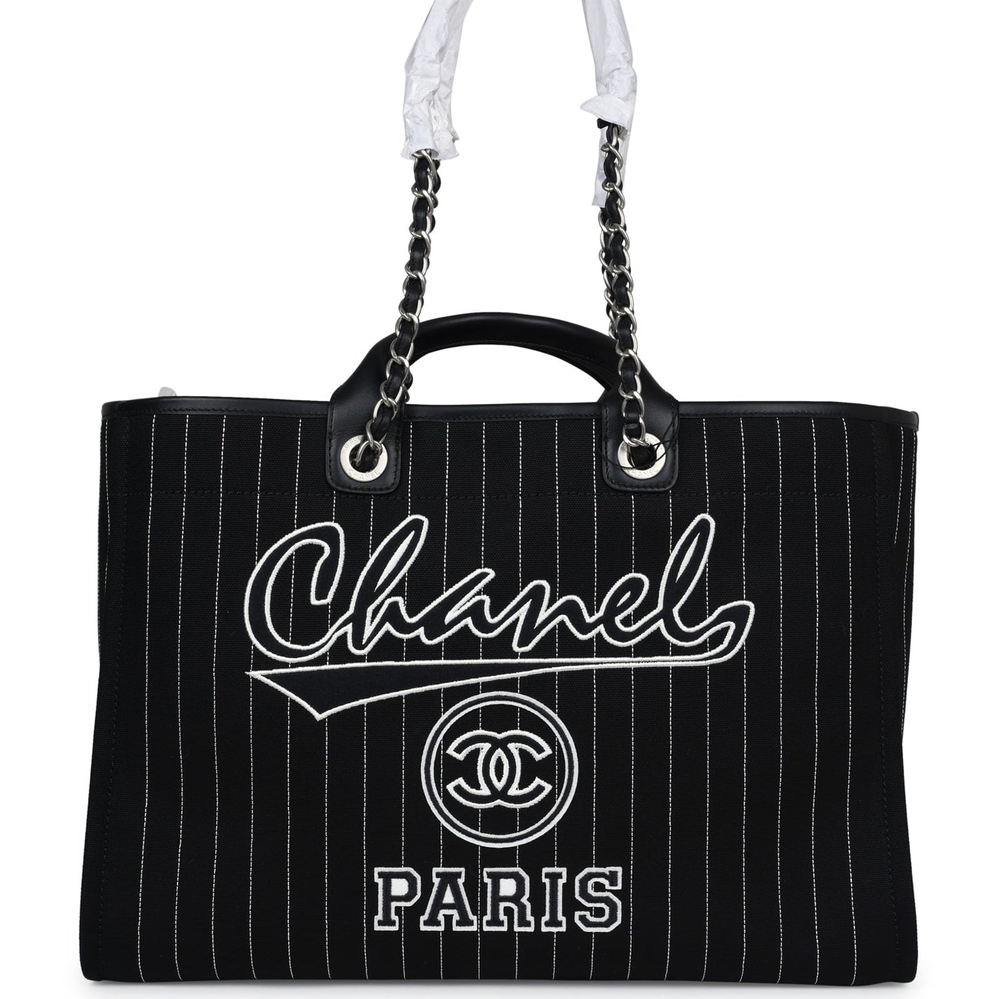 Chanel Large Deauville Shopping Tote Black and White Striped Canvas Silver Hardware