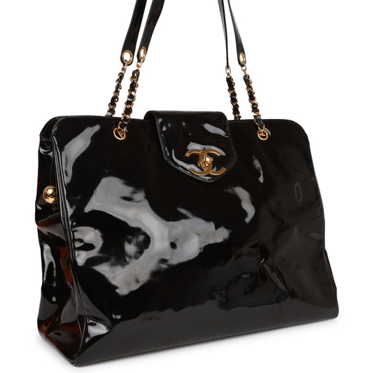 Chanel Supermodel Weekender Tote Bag Black Patent Gold Hardware