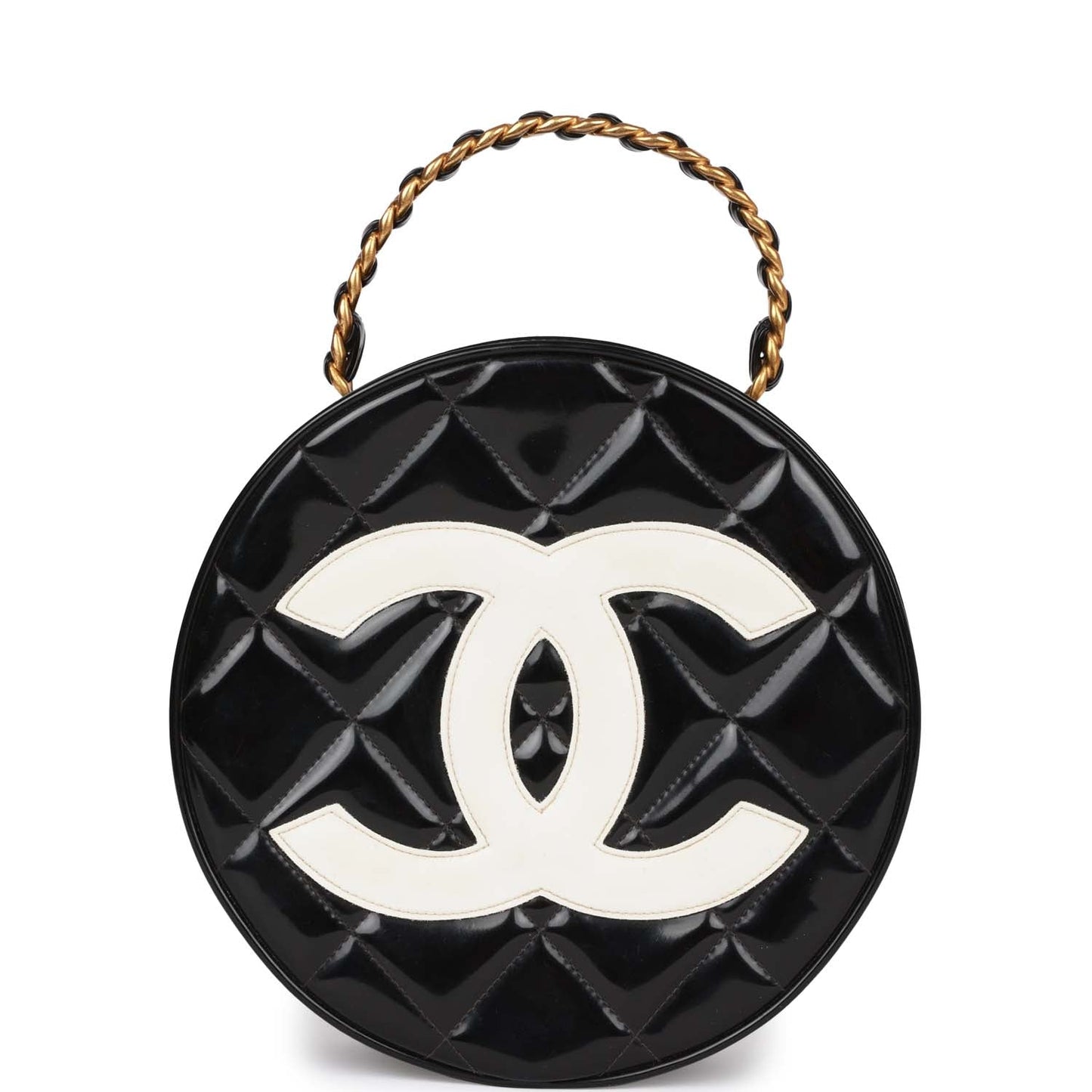 Chanel Round Vanity Bag Black and White Patent Leather Antique Gold Hardware