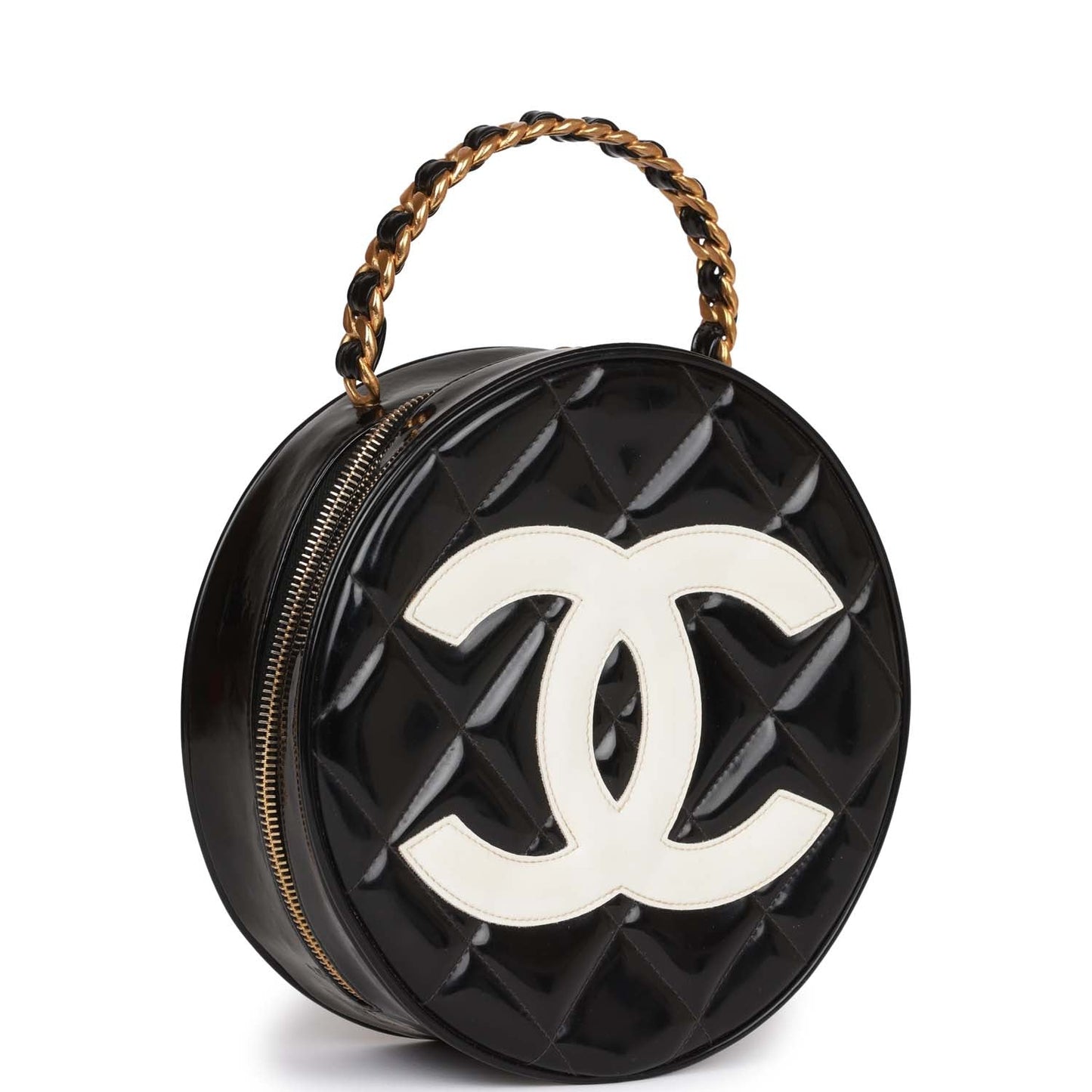 Chanel Round Vanity Bag Black and White Patent Leather Antique Gold Hardware