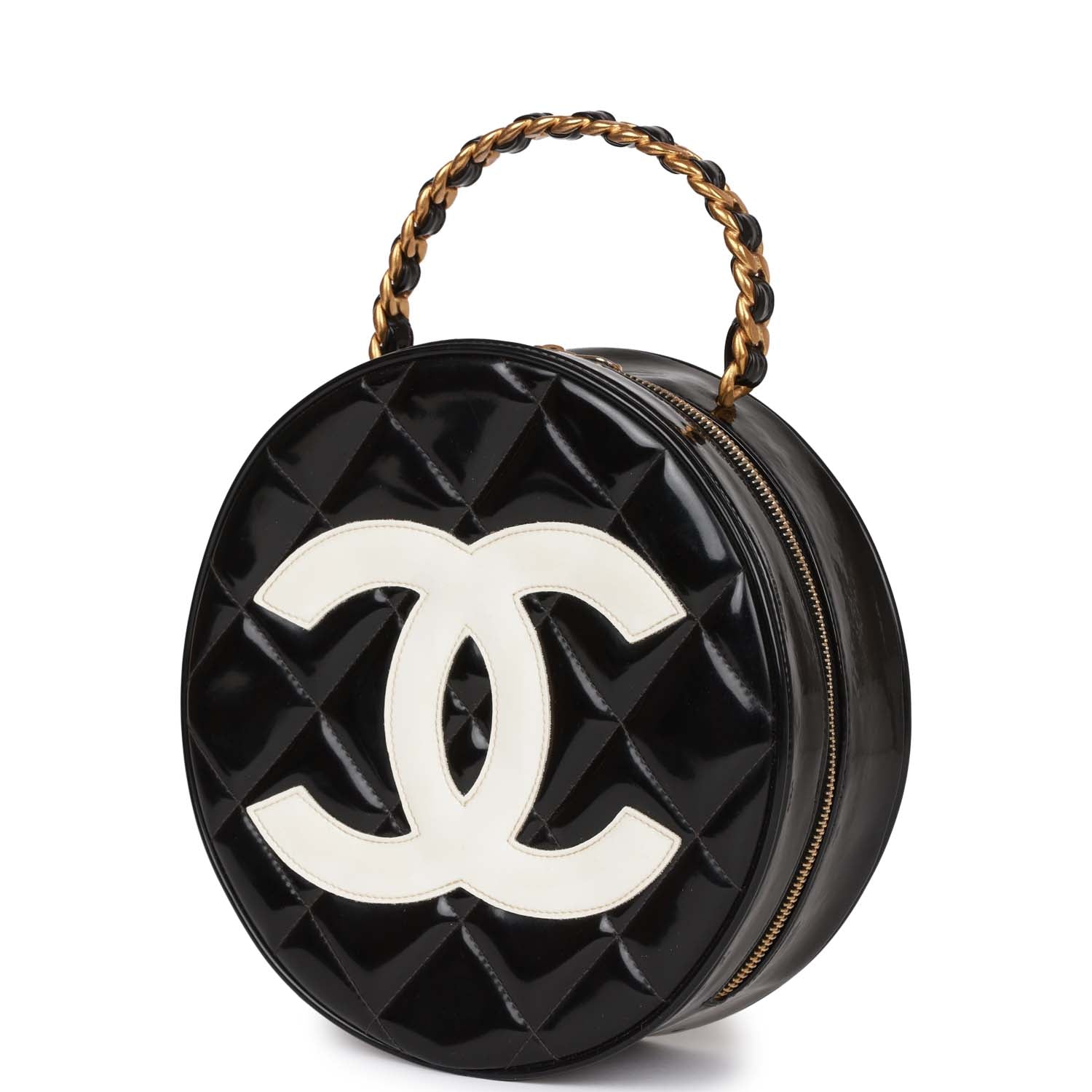 Chanel Round Vanity Bag Black and White Patent Leather Antique Gold Hardware