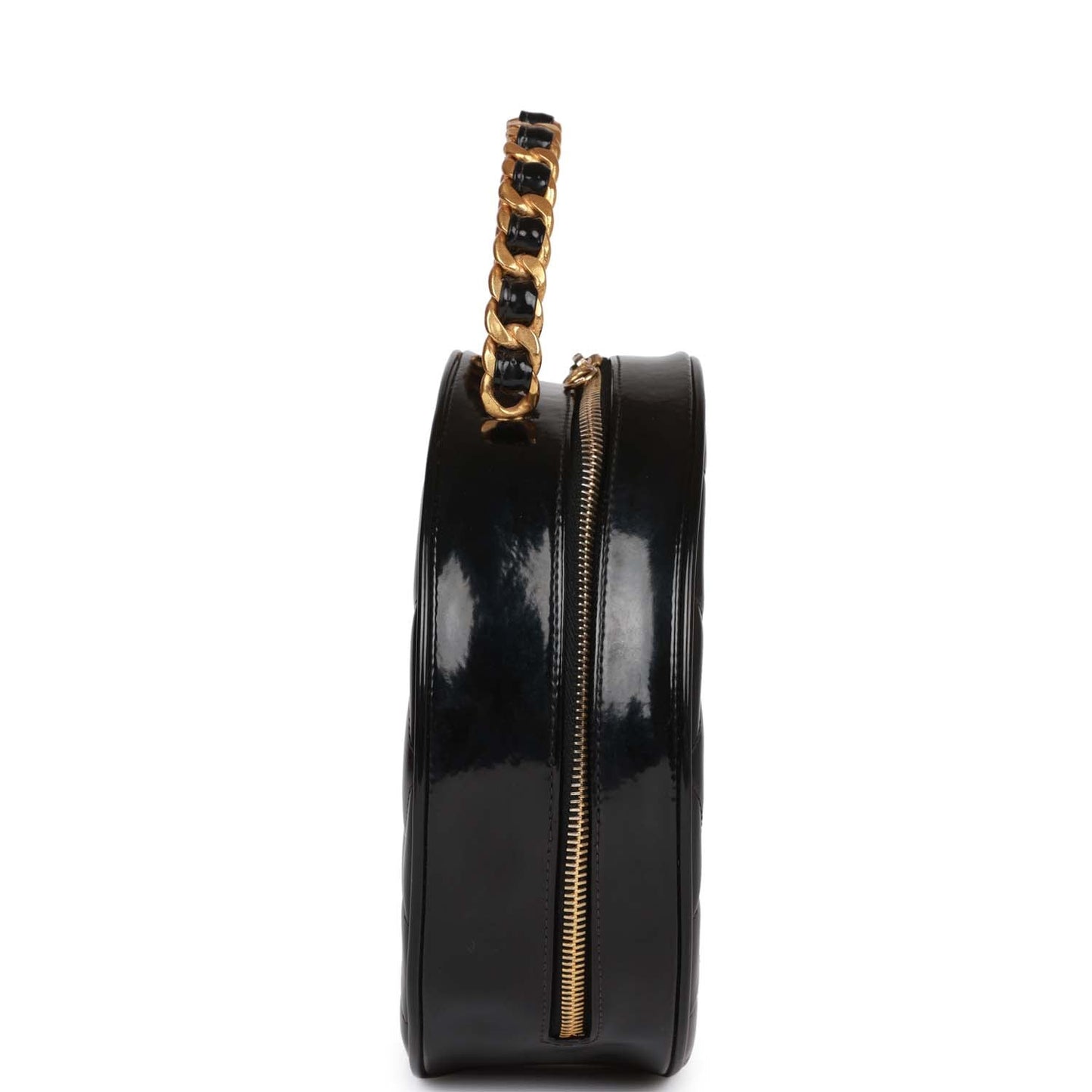 Chanel Round Vanity Bag Black and White Patent Leather Antique Gold Hardware