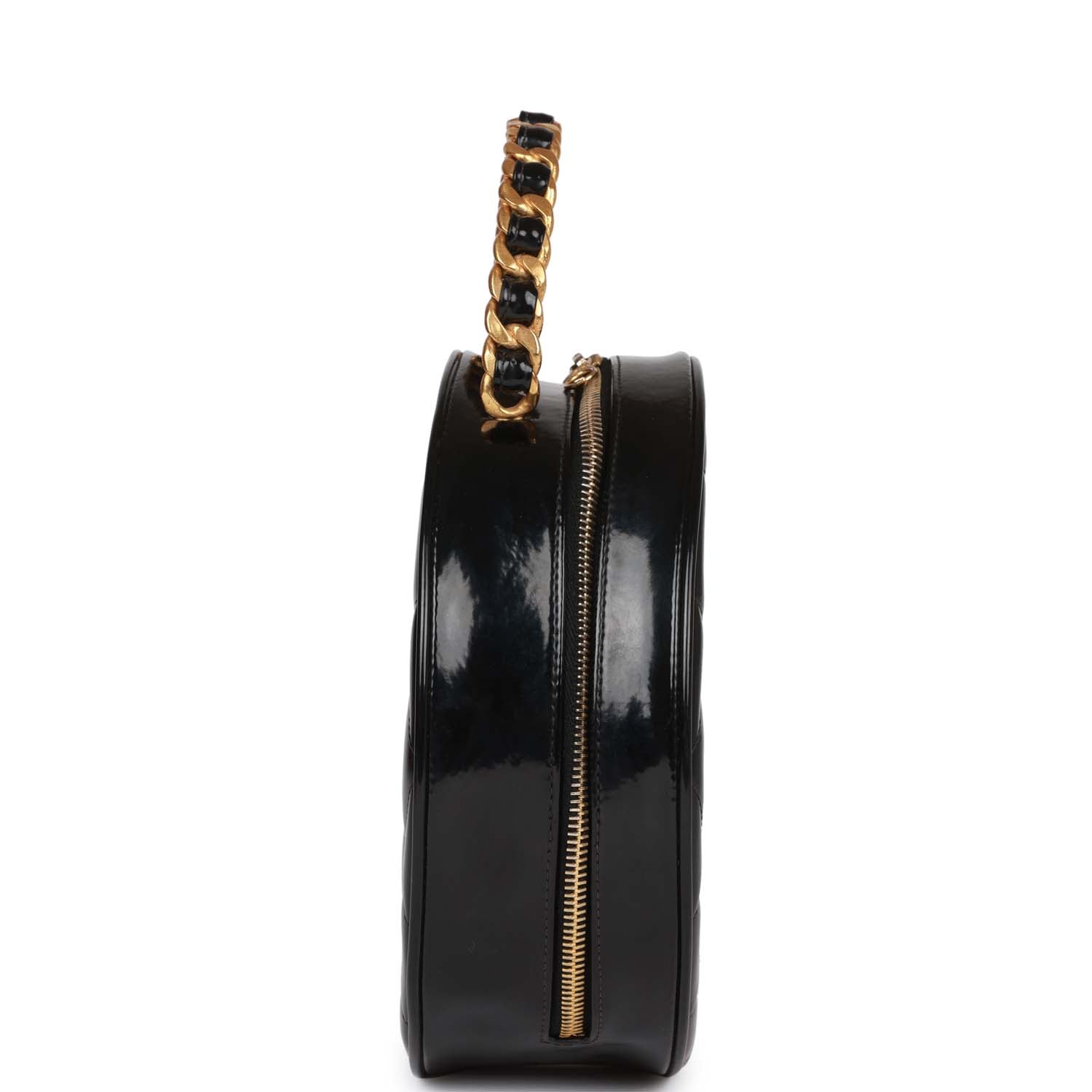 Chanel Round Vanity Bag Black and White Patent Leather Antique Gold Hardware
