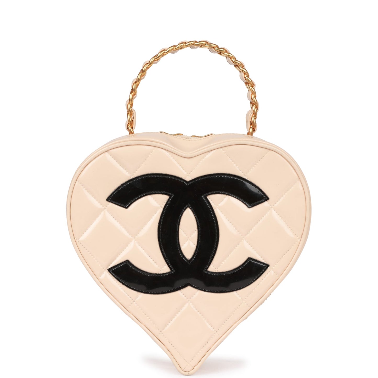 Chanel Heart Vanity Bag Beige and Black Patent Antique Gold Hardware