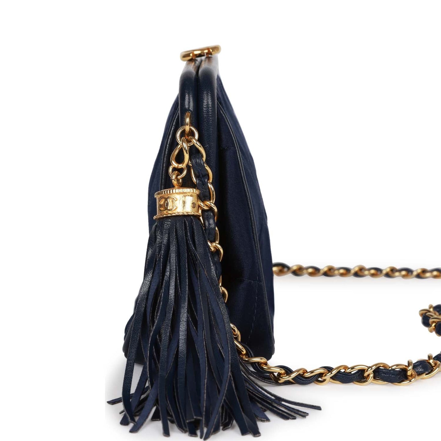 Chanel Frame Tassel Bag Navy Satin Gold Hardware