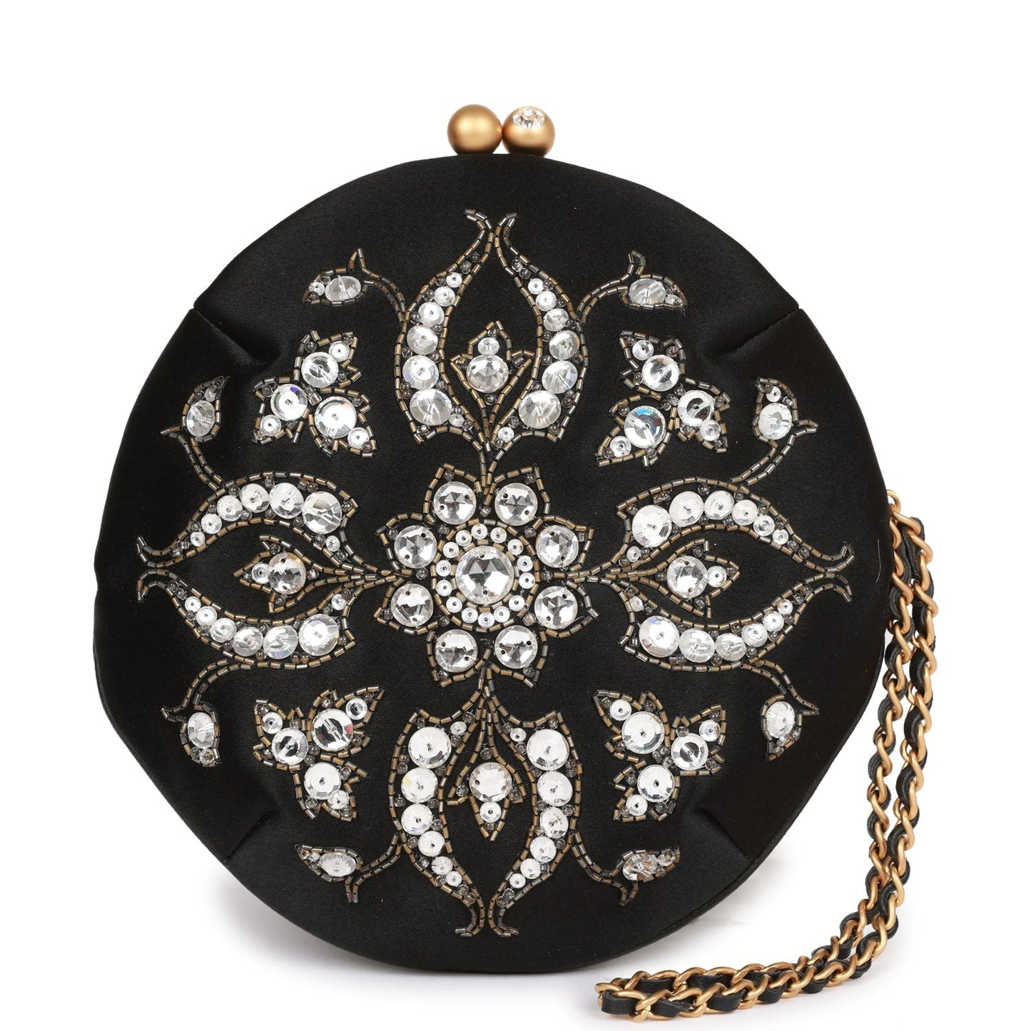 Chanel Clutch Bag Black Satin Embellished Antique Gold Hardware