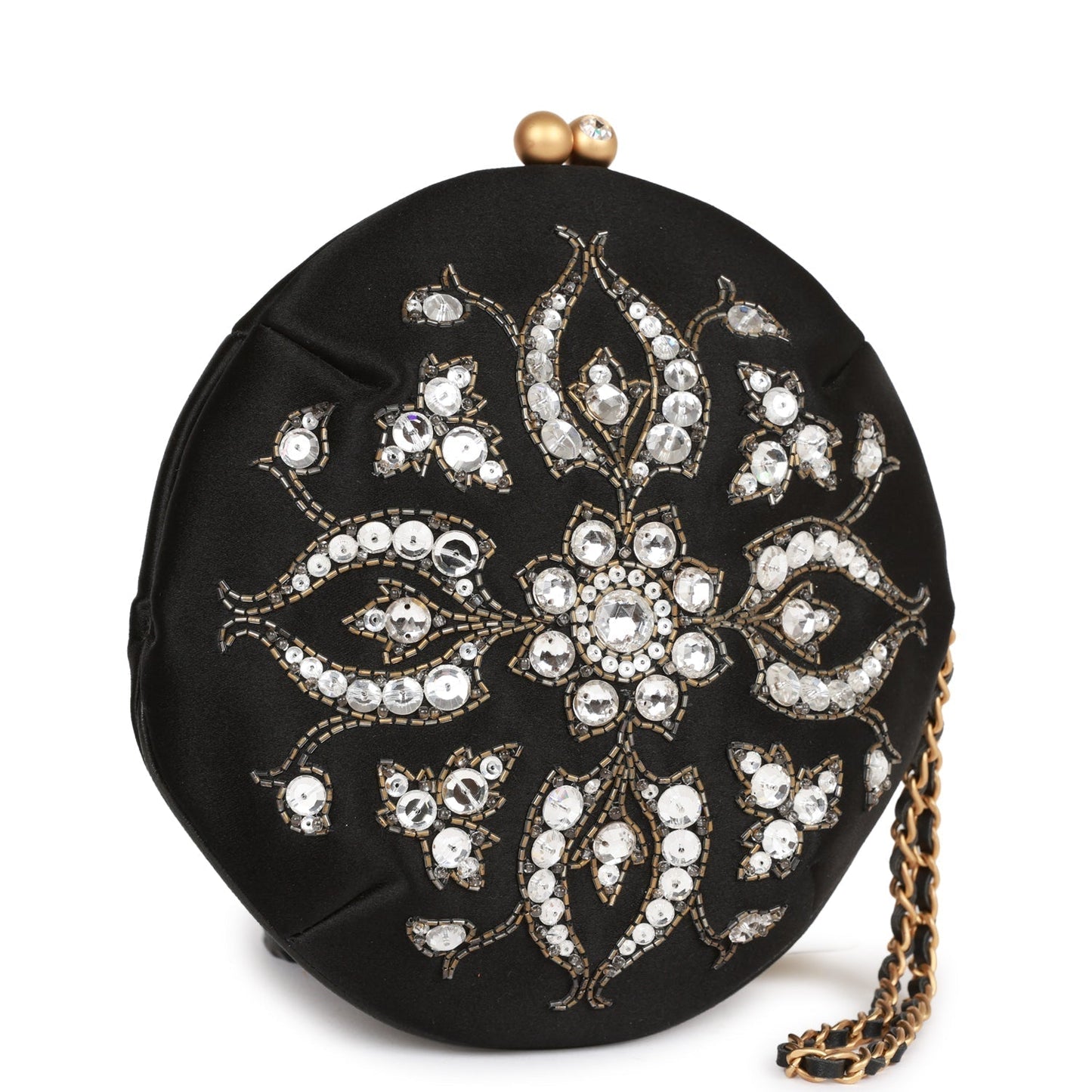 Chanel Clutch Bag Black Satin Embellished Antique Gold Hardware