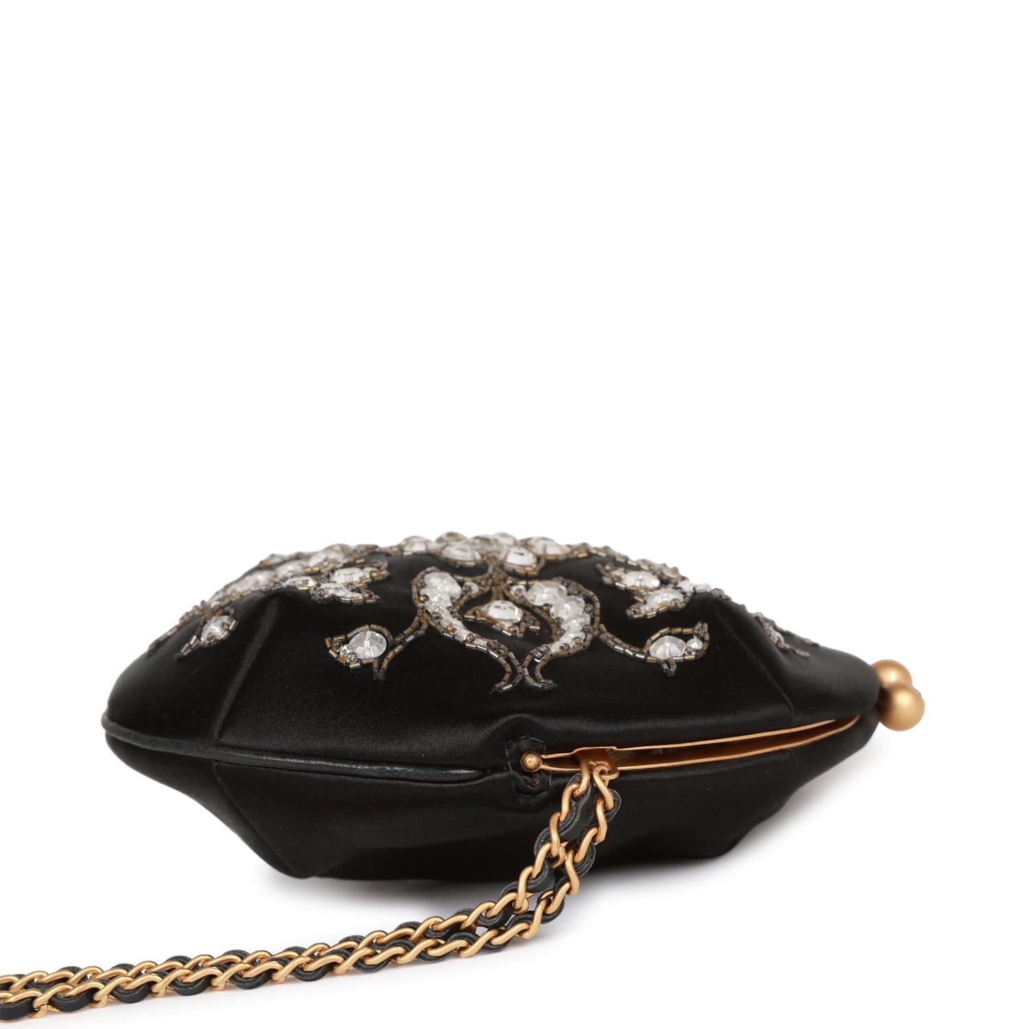 Chanel Clutch Bag Black Satin Embellished Antique Gold Hardware