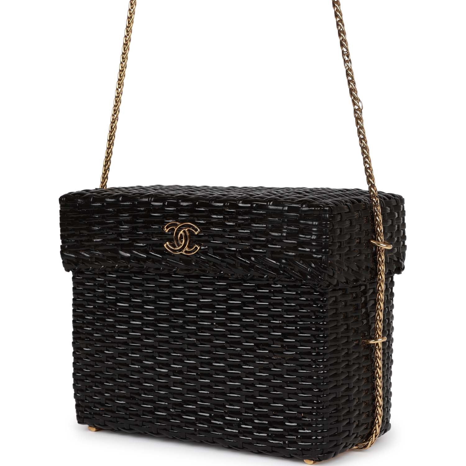 Chanel Wicker Picnic Basket Bag Black Gold Hardware