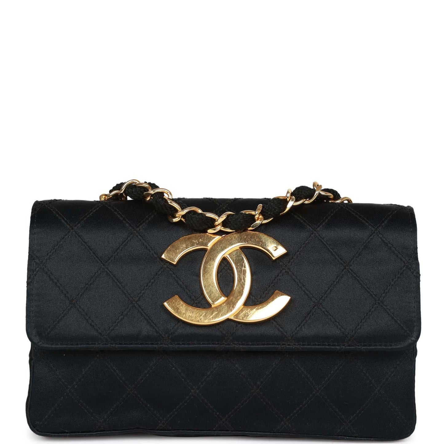 Chanel CC Shoulder Flap Bag Black Satin Gold Hardware