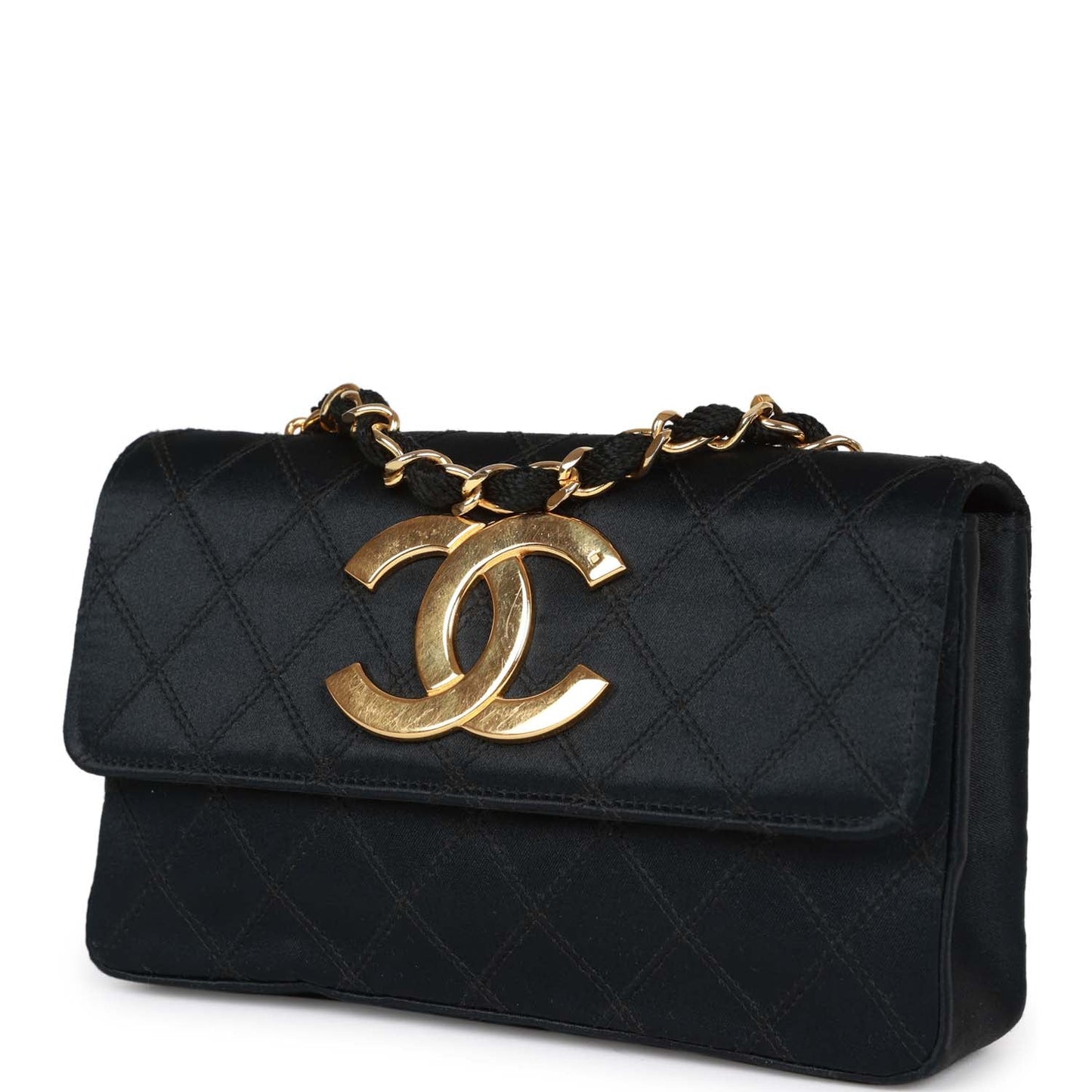 Chanel CC Shoulder Flap Bag Black Satin Gold Hardware