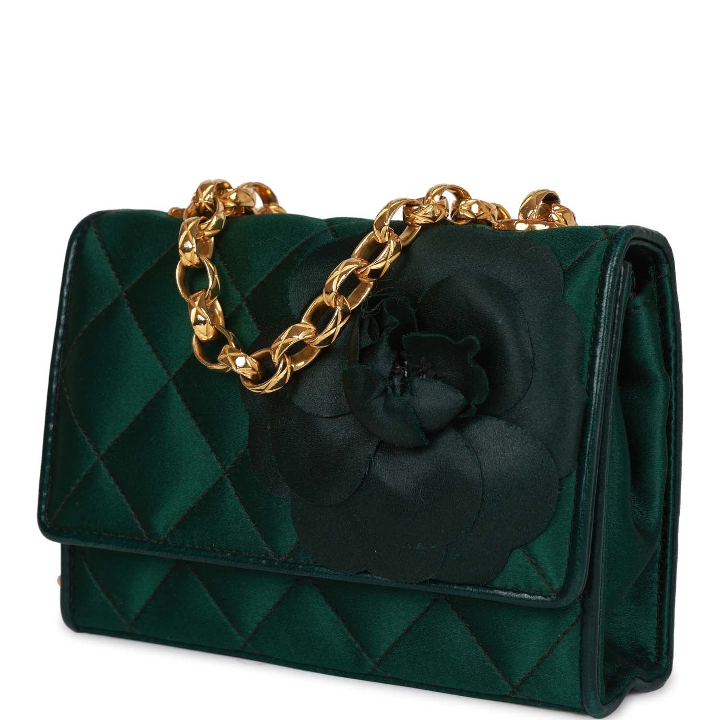 Chanel Mini Camellia Flap Bag Green Satin Gold Hardware