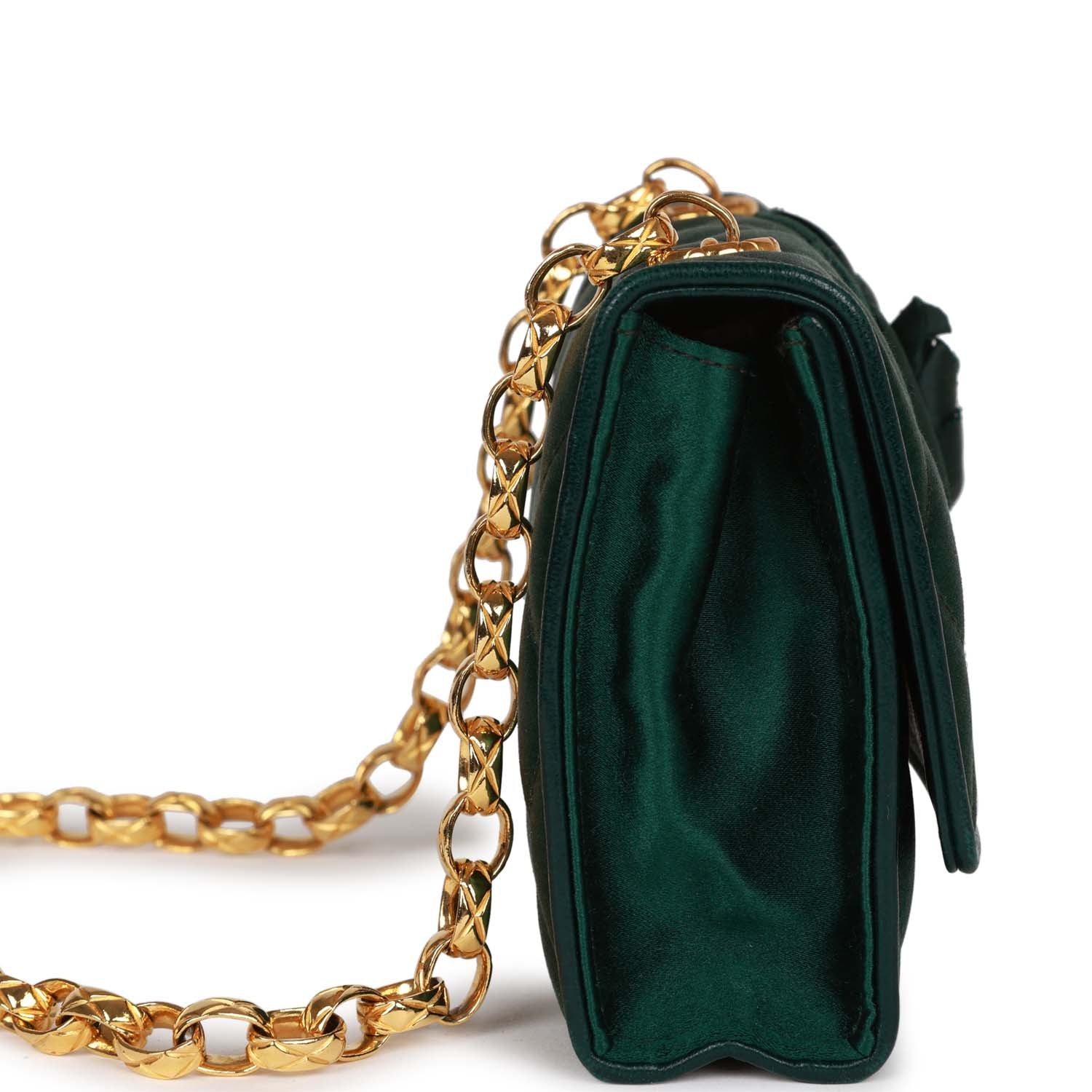 Chanel Mini Camellia Flap Bag Green Satin Gold Hardware