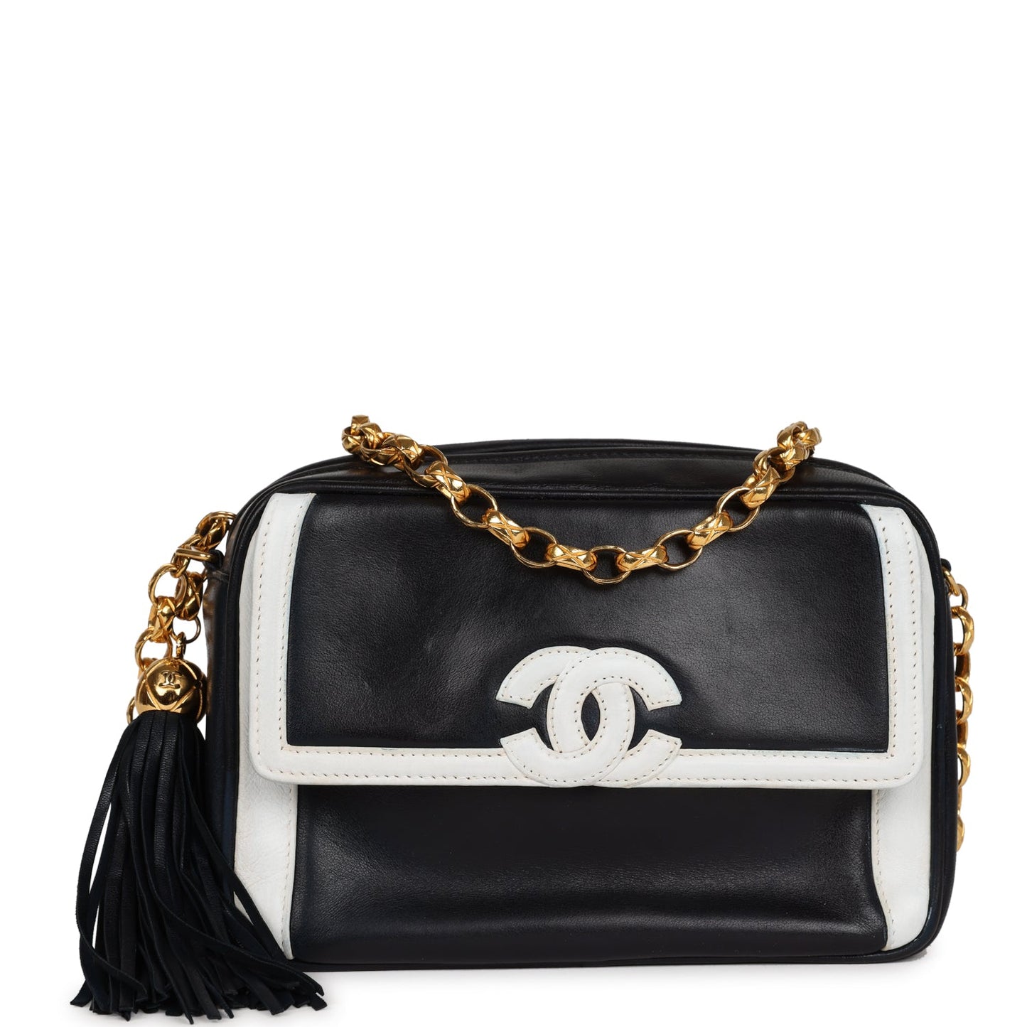 Chanel Fringe Chain Camera Bag Navy and White Lambskin Gold Hardware