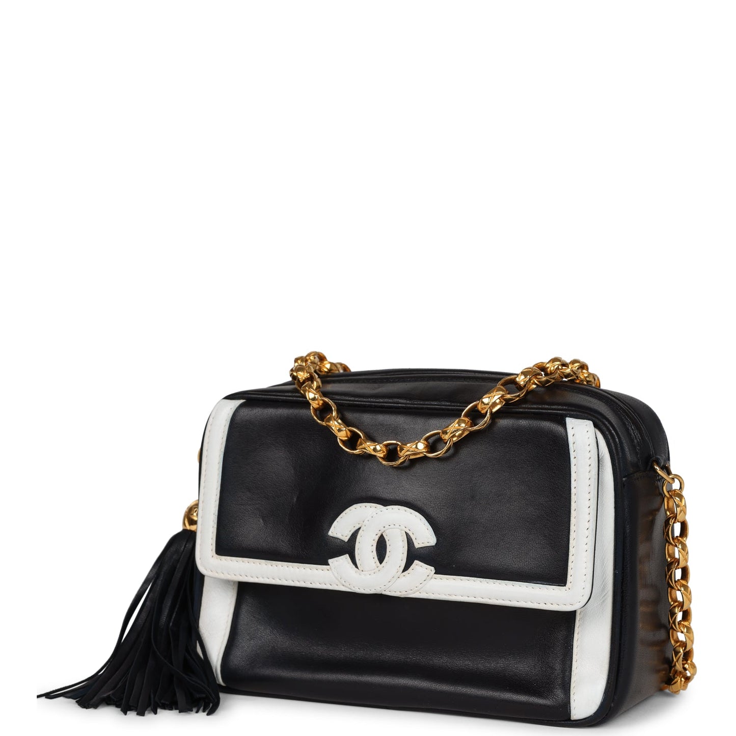 Chanel Fringe Chain Camera Bag Navy and White Lambskin Gold Hardware