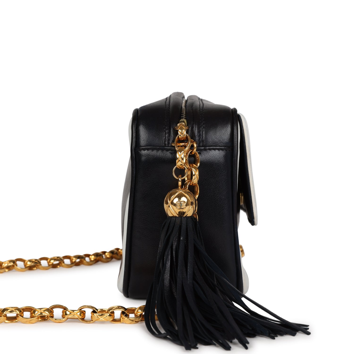 Chanel Fringe Chain Camera Bag Navy and White Lambskin Gold Hardware