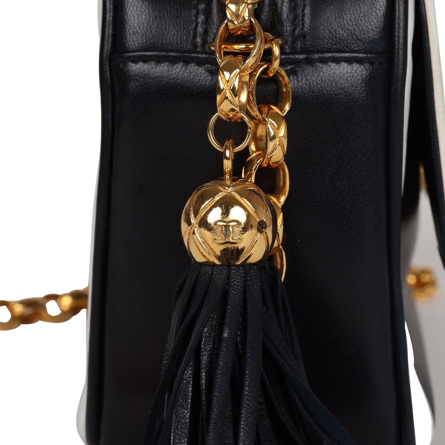 Chanel Fringe Chain Camera Bag Navy and White Lambskin Gold Hardware