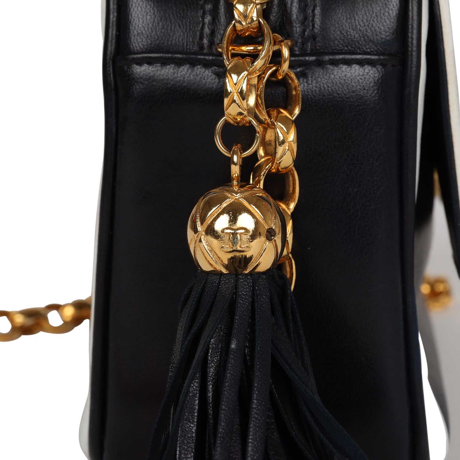 Chanel Fringe Chain Camera Bag Navy and White Lambskin Gold Hardware