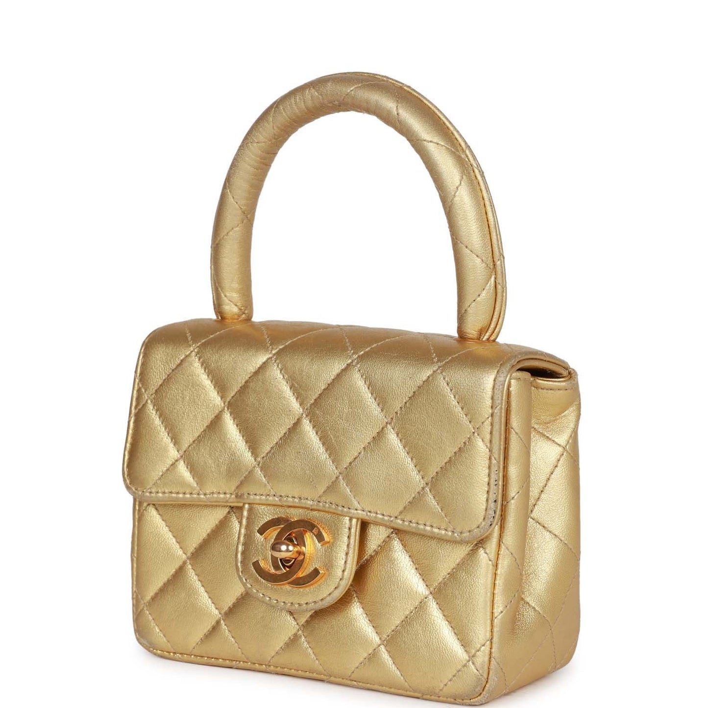 Chanel Mini Top Handle Kelly Child Flap Bag Gold Metallic Lambskin Gold Hardware