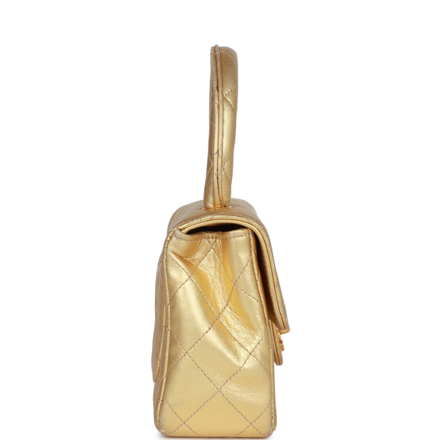 Chanel Mini Top Handle Kelly Child Flap Bag Gold Metallic Lambskin Gold Hardware