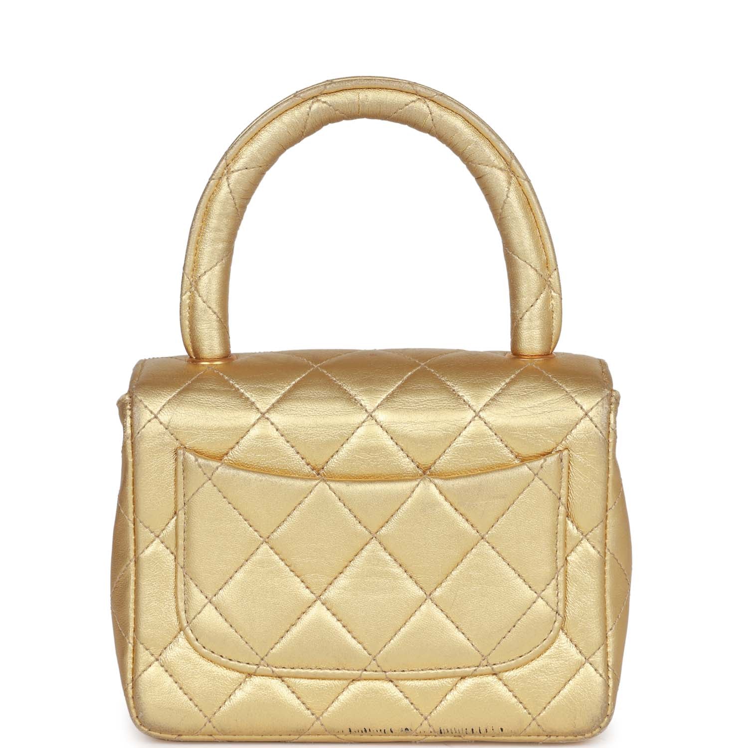 Chanel Mini Top Handle Kelly Child Flap Bag Gold Metallic Lambskin Gold Hardware