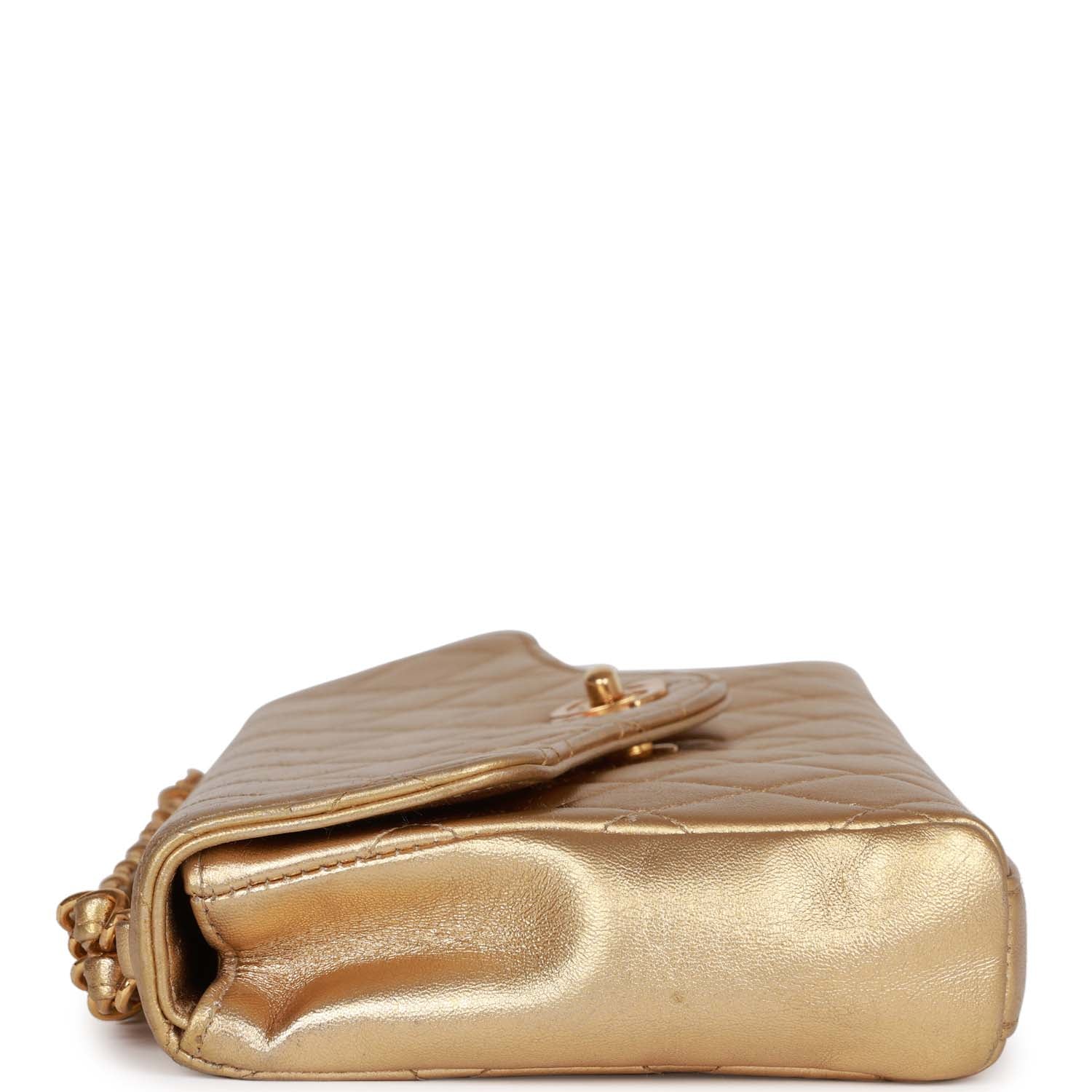 Chanel Clutch Flap Bag with Handle Gold Metallic Lambskin Gold Hardware