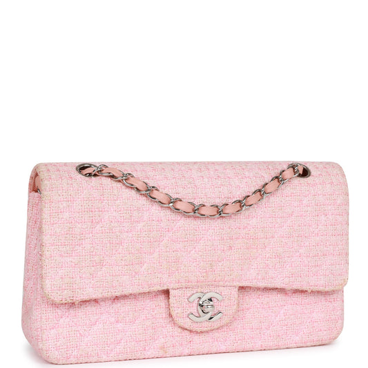 Chanel Medium Classic Double Flap Bag Pink Tweed Silver Hardware